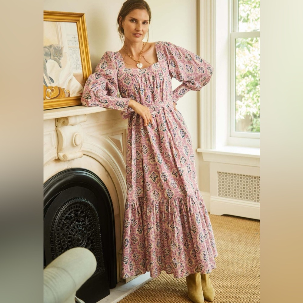 Ophelia & Indigo Mabel Floral Print Tie Waist Midi Dress Women’s XS Pink Boho
